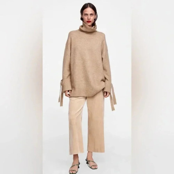 Zara Tie Cuff Turtleneck Knit Sweater Camel  Tan Size Medium - Picture 3 of 9